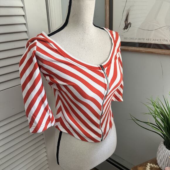 MAEVE ANTHROPOLOGIE Womens Top XXS Front Zip Scoop Neck Orange Striped Preppy - Picture 2 of 12